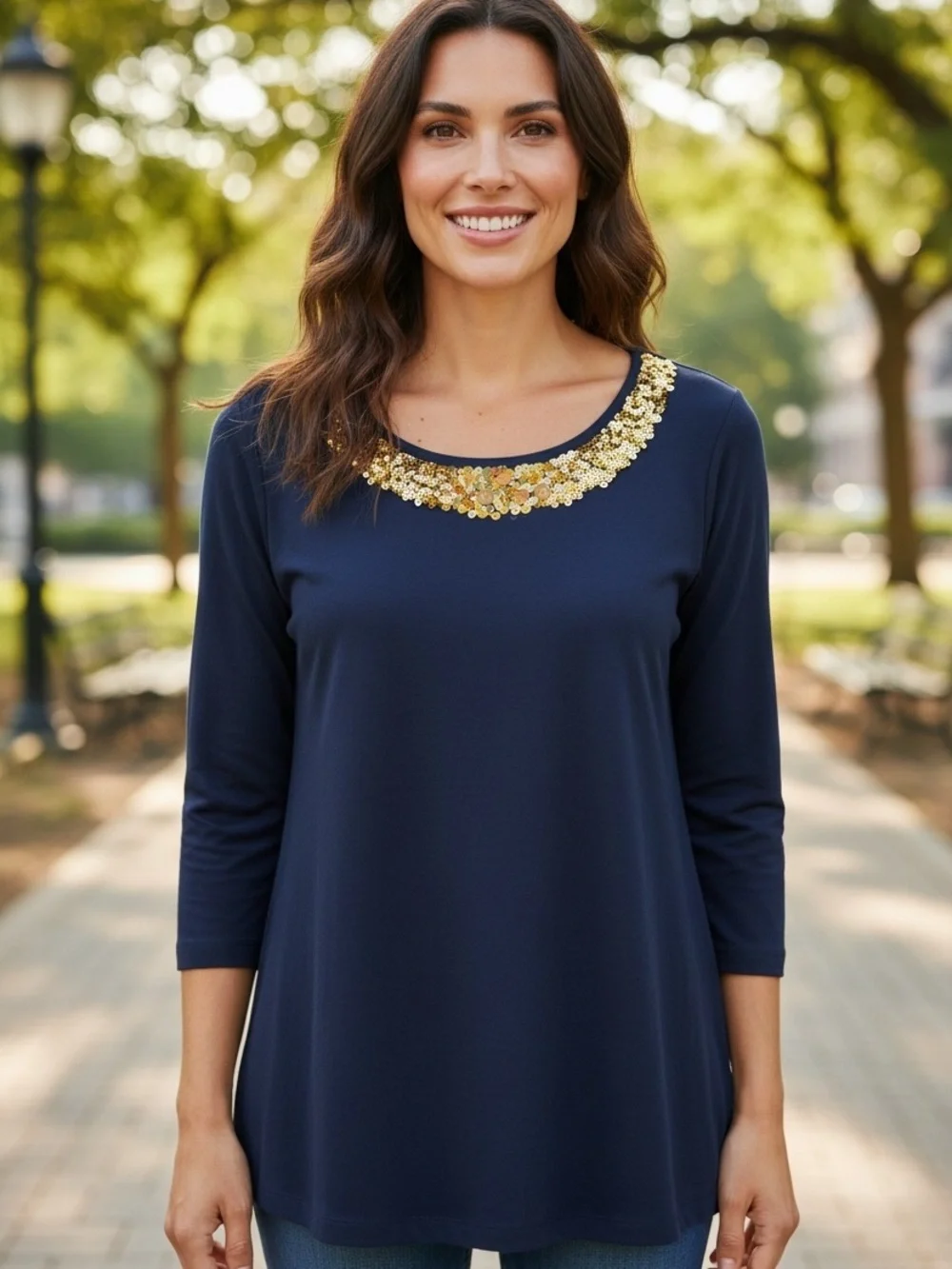 Michael Kors Navy Scoop Neck Top with Gold Sequin Neckline 100% cotton